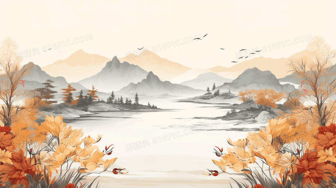 中国风水墨晕染山水画秋天风景美景插画