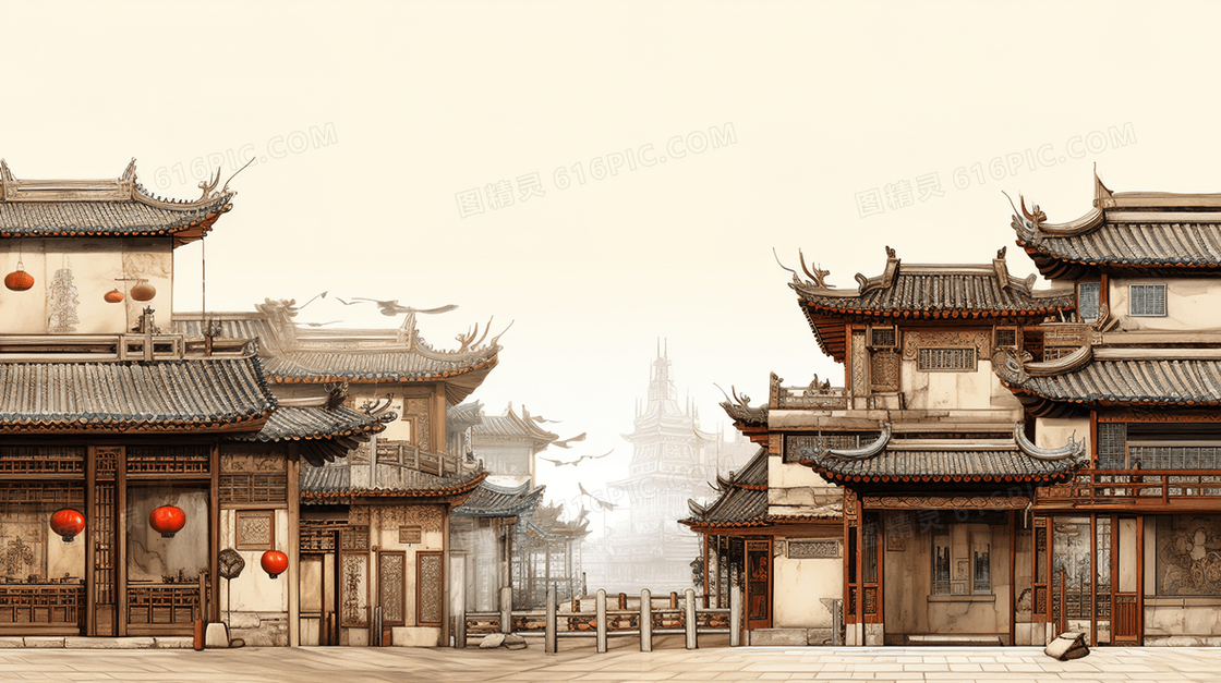 中国风古典建筑线条感插画