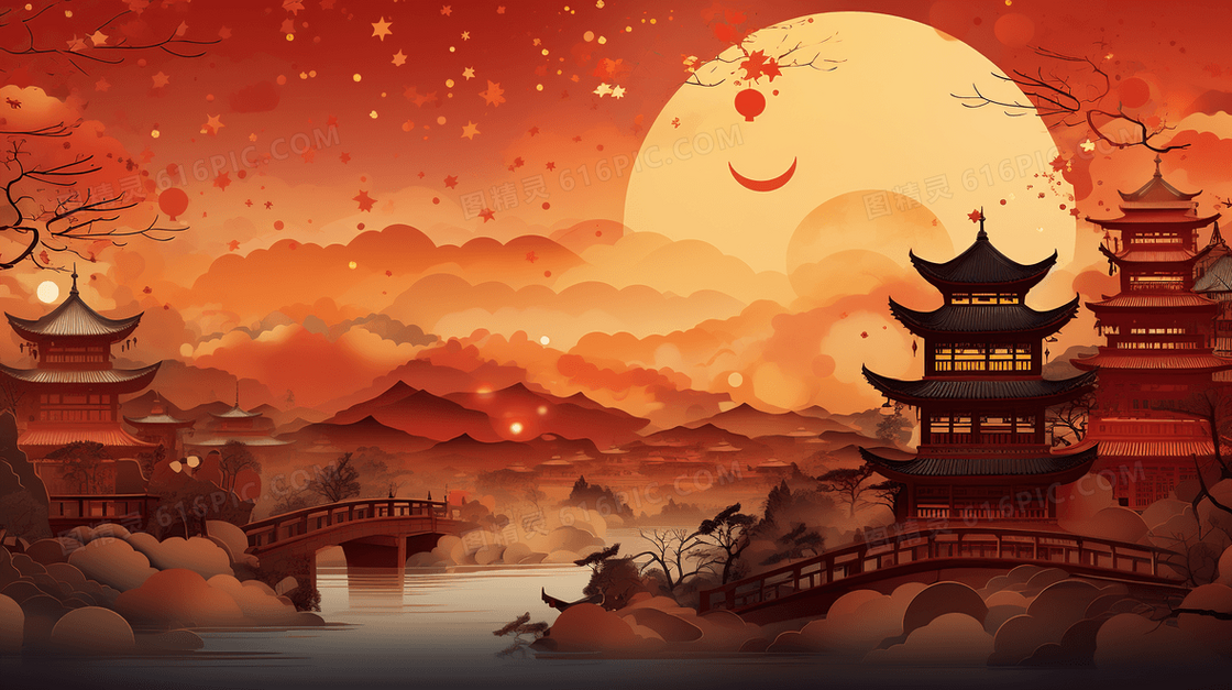 中国风建筑中秋节场景插画