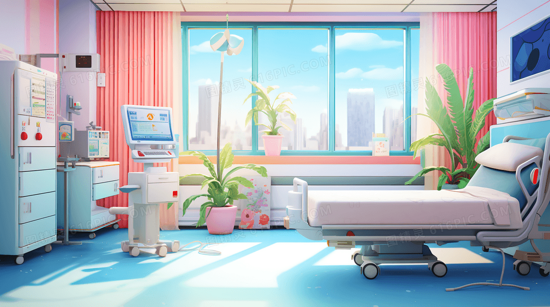 医院里明亮整洁的独立病房插画