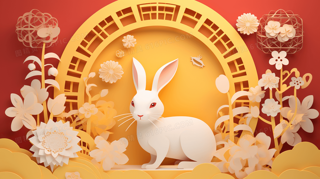 剪纸风中秋节可爱兔子场景插画