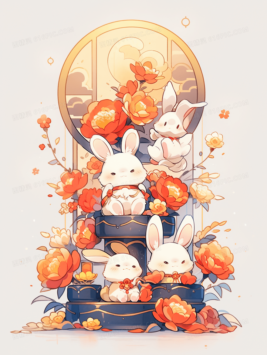中国风中秋节花朵中的小白兔可爱插画