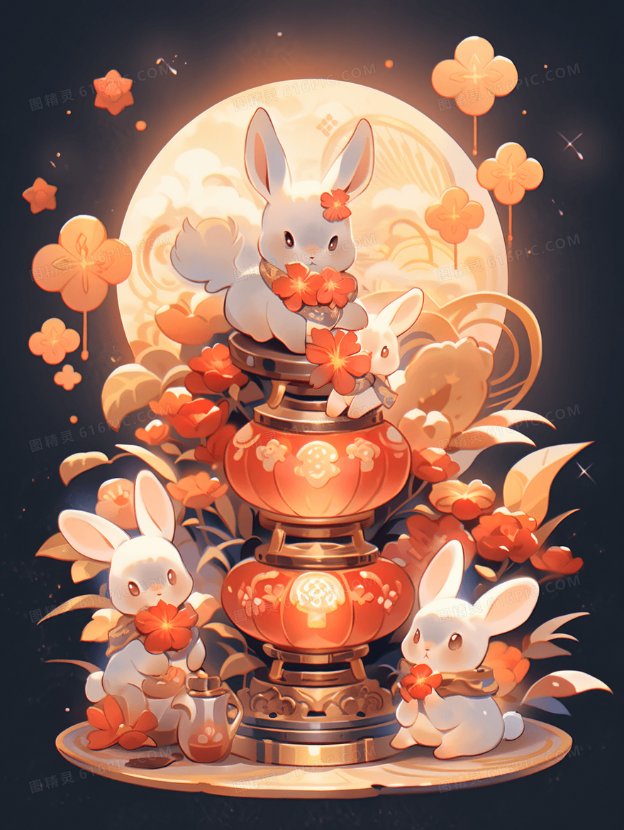 中国风中秋节花朵中的小白兔可爱插画