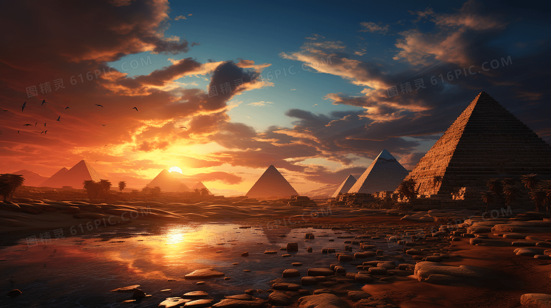 世界著名景点埃及金字塔日落夕阳美景概念图