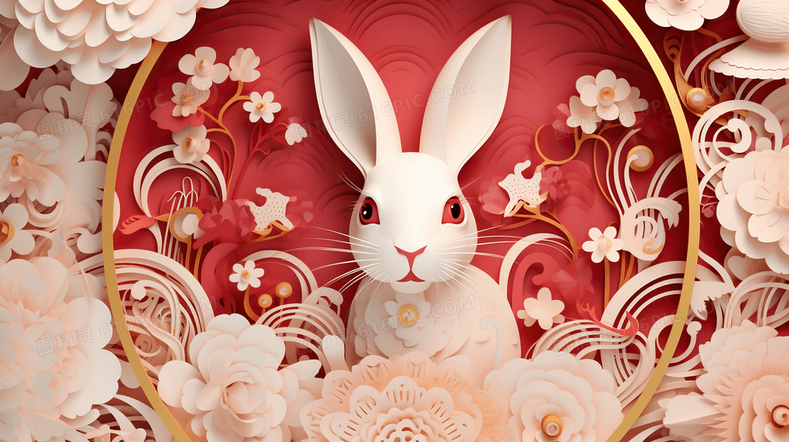 剪纸风中秋节可爱兔子场景插画