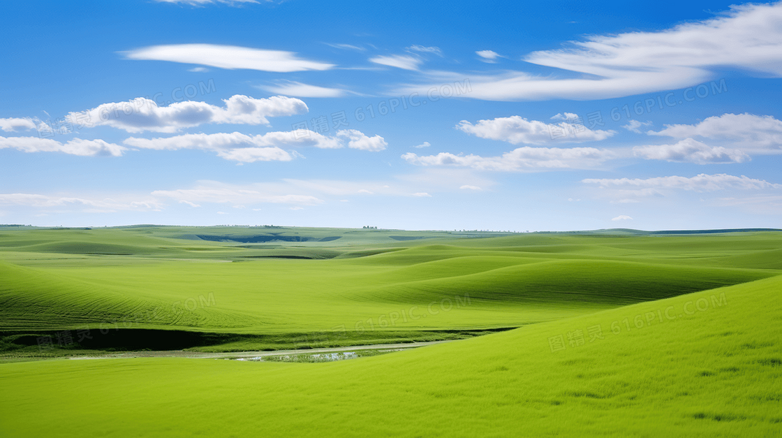 蓝天白云一望无际的绿色大草原图片