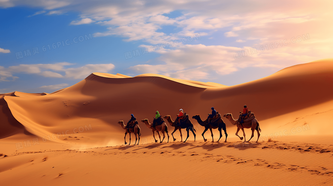 金色沙漠骑在骆驼山的游客特写图片
