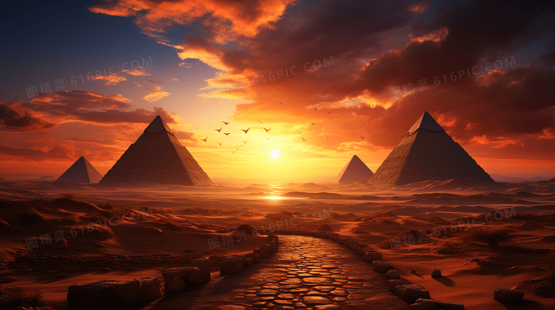 世界著名景点埃及金字塔日落夕阳美景概念图