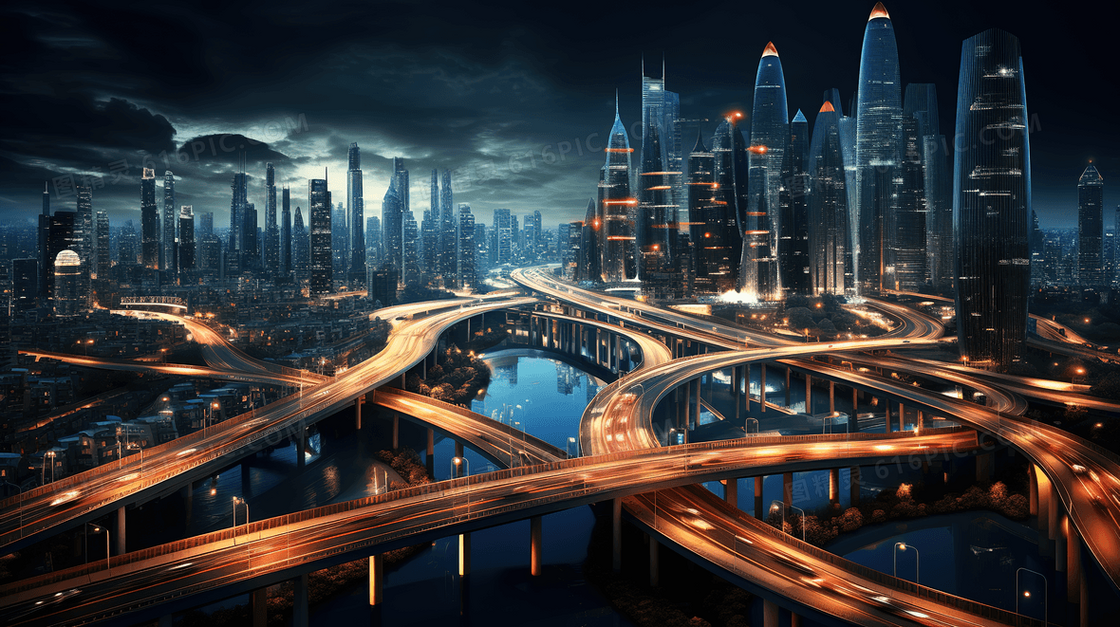 未来城市夜景高架桥概念图片