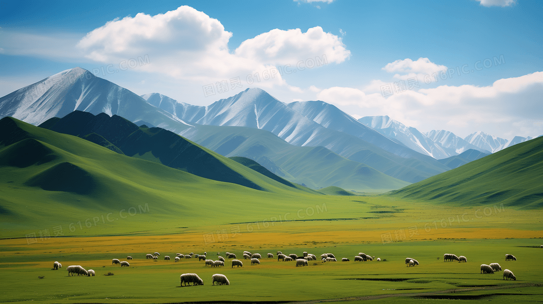 蓝天白云草原上成群结队吃草的羊群图片