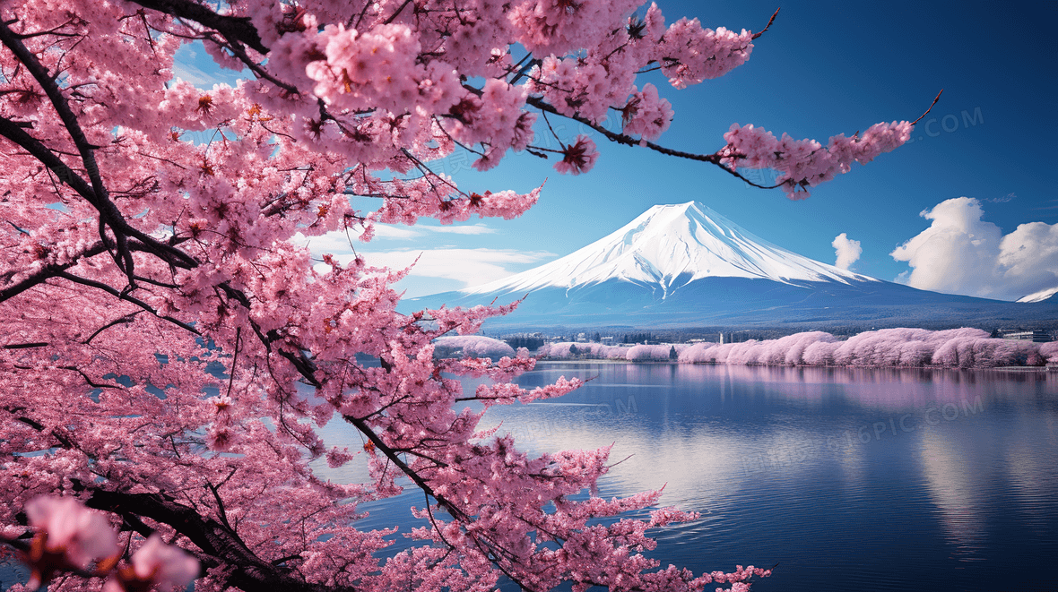 唯美粉色樱花和日本富士山风景图片