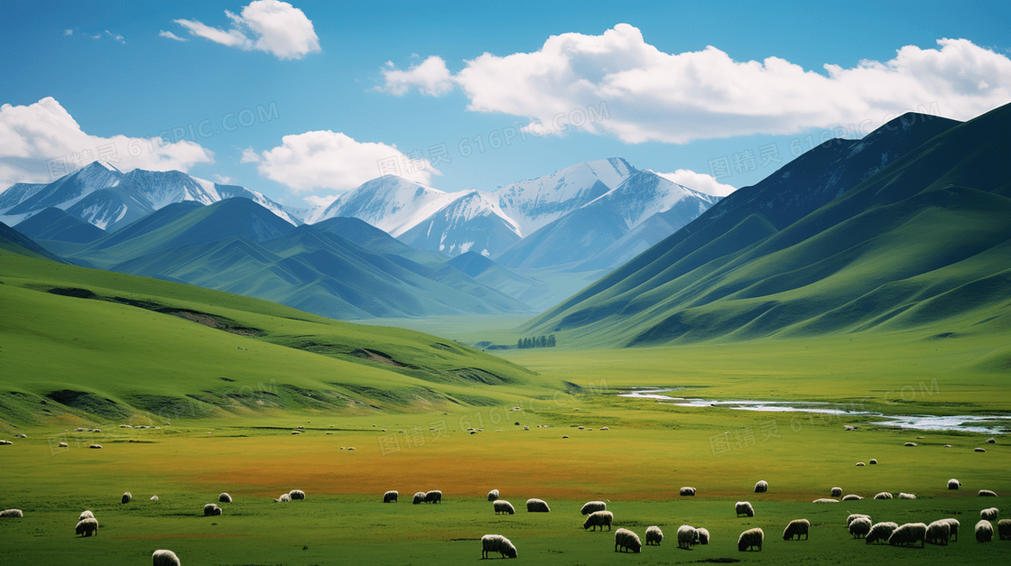 蓝天白云草原上成群结队吃草的羊群图片