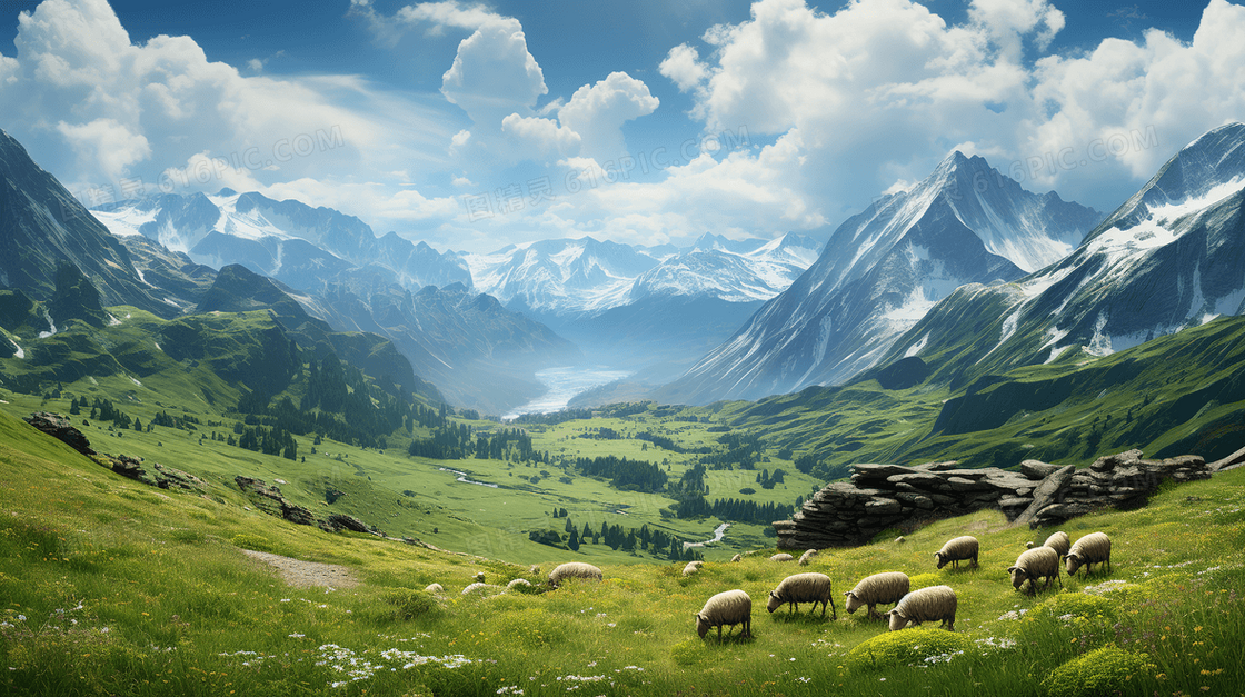 雪山下高山草原上成群吃草的羊群图片