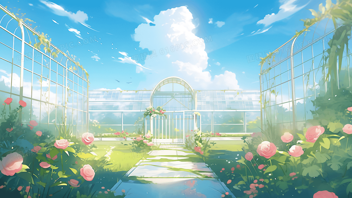 蓝天白云唯美梦幻玻璃花房下的粉色玫瑰花创意插画