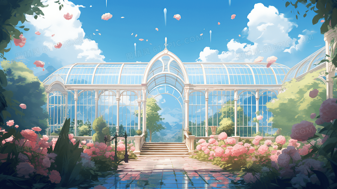 蓝天白云唯美梦幻玻璃花房下的粉色玫瑰花创意插画