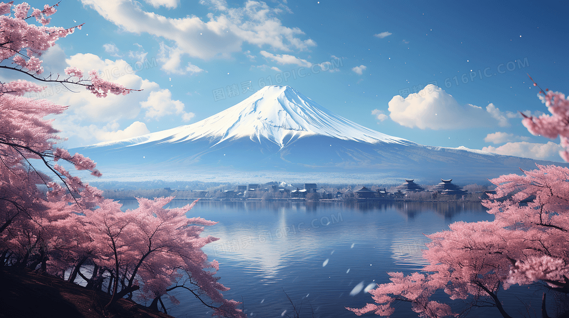 唯美粉色樱花和日本富士山风景图片