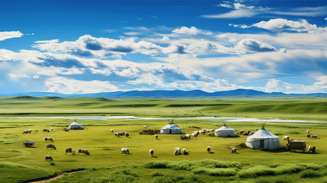 蓝天白云大草原蒙古包和成群的牛羊风景图片