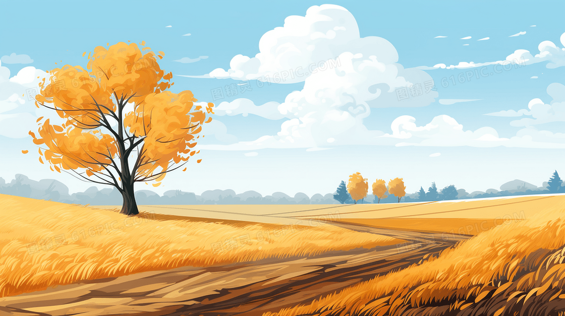 唯美秋天郊外金黄的大树插画