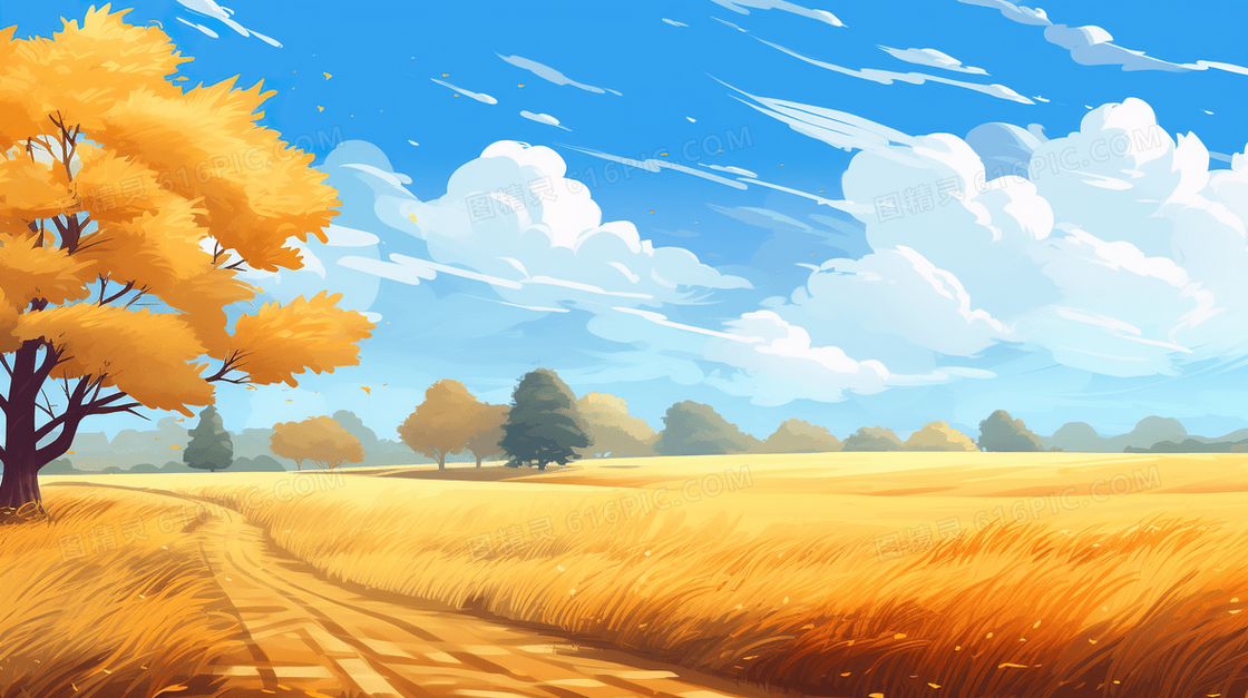 唯美秋天郊外金黄的大树插画