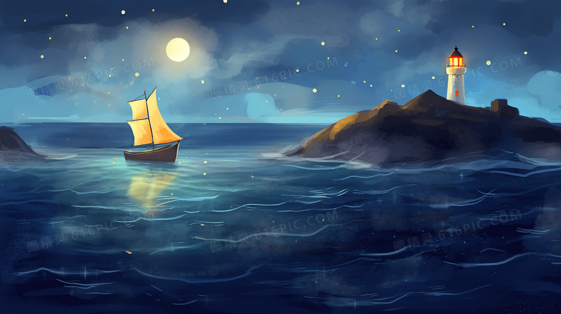 手绘风海面上的帆船和岸边的灯塔创意插画