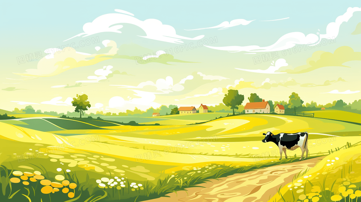 唯美秋天牧场草地风景插画背景图片下载_2912x1632像素jpg格式_编号