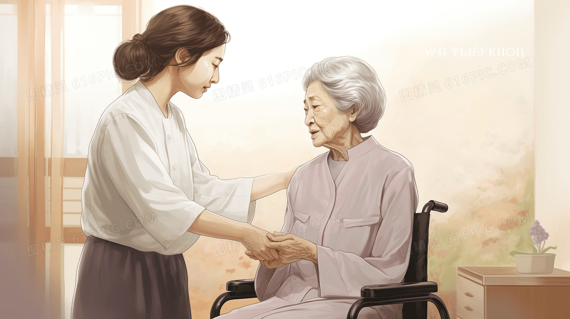 考顺女儿细心照顾轮椅上的母亲插画