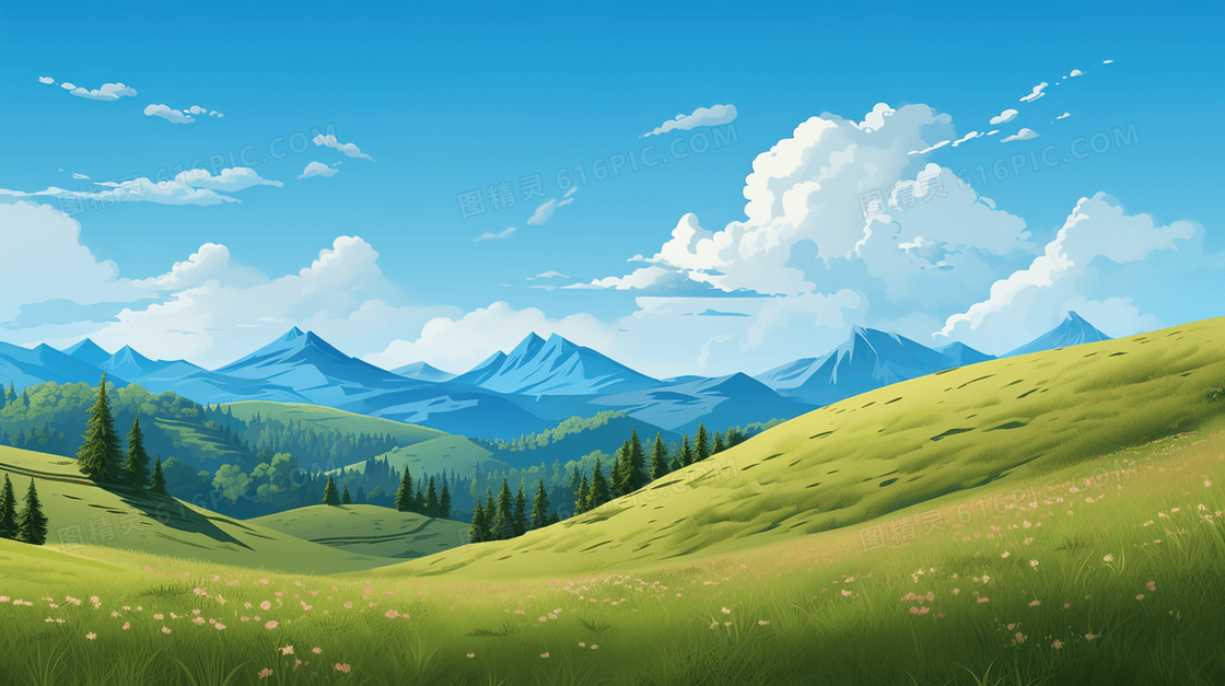 春天生机盎然的绿色草地山野唯美风景插画
