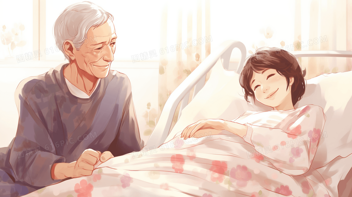 在医院里陪伴生病住院病床上的家属插画