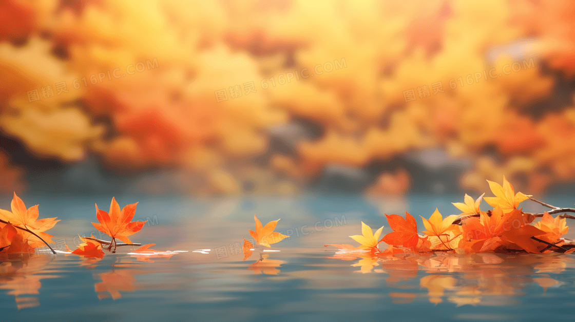 秋天金黄色枫叶落在水面上插画