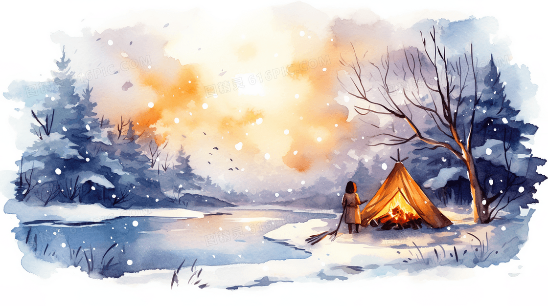 冬天山野雪地里野营搭帐篷生火堆水彩晕染插画