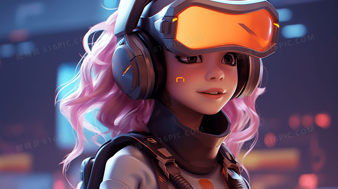 VR虚拟现实中的粉色头发女孩插画