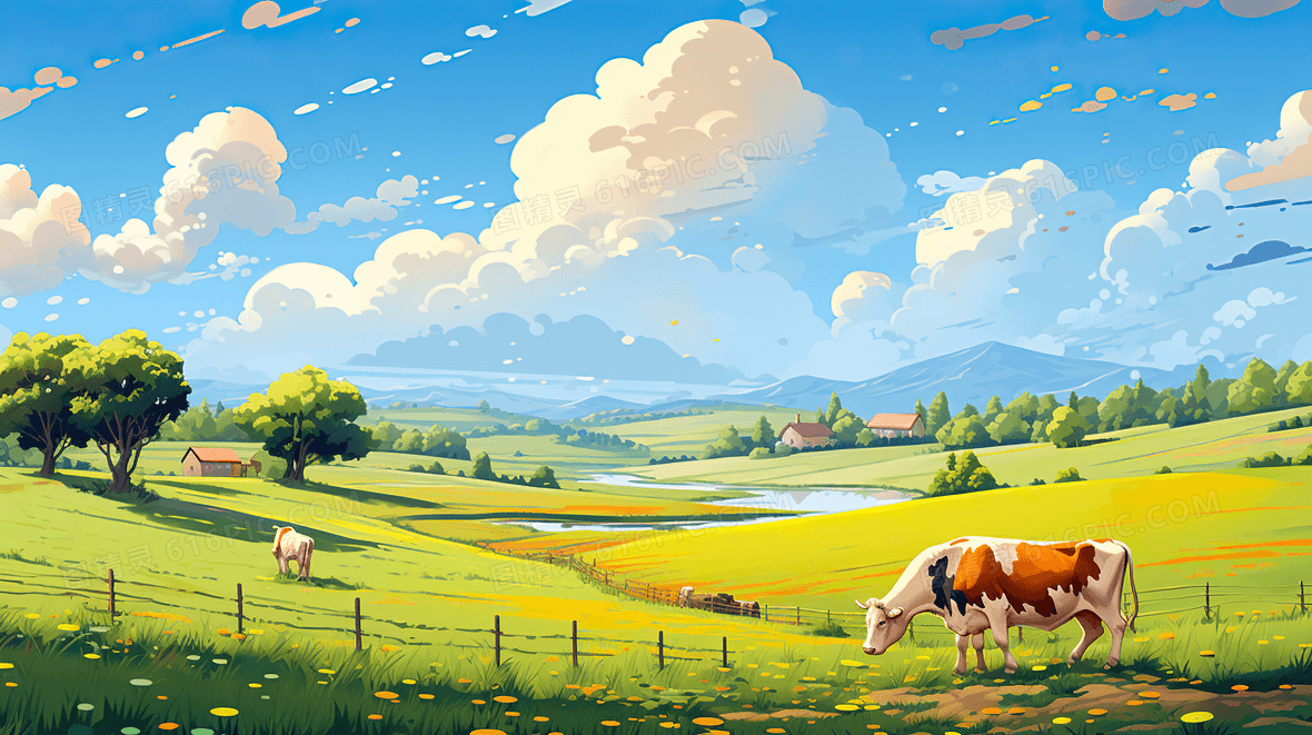 唯美秋天牧场草地风景插画背景图片下载_2912x1632像素jpg格式_编号