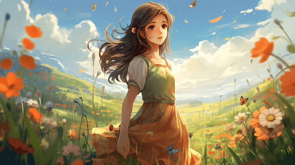 春天绿色草地花丛中的女孩唯美风景插画