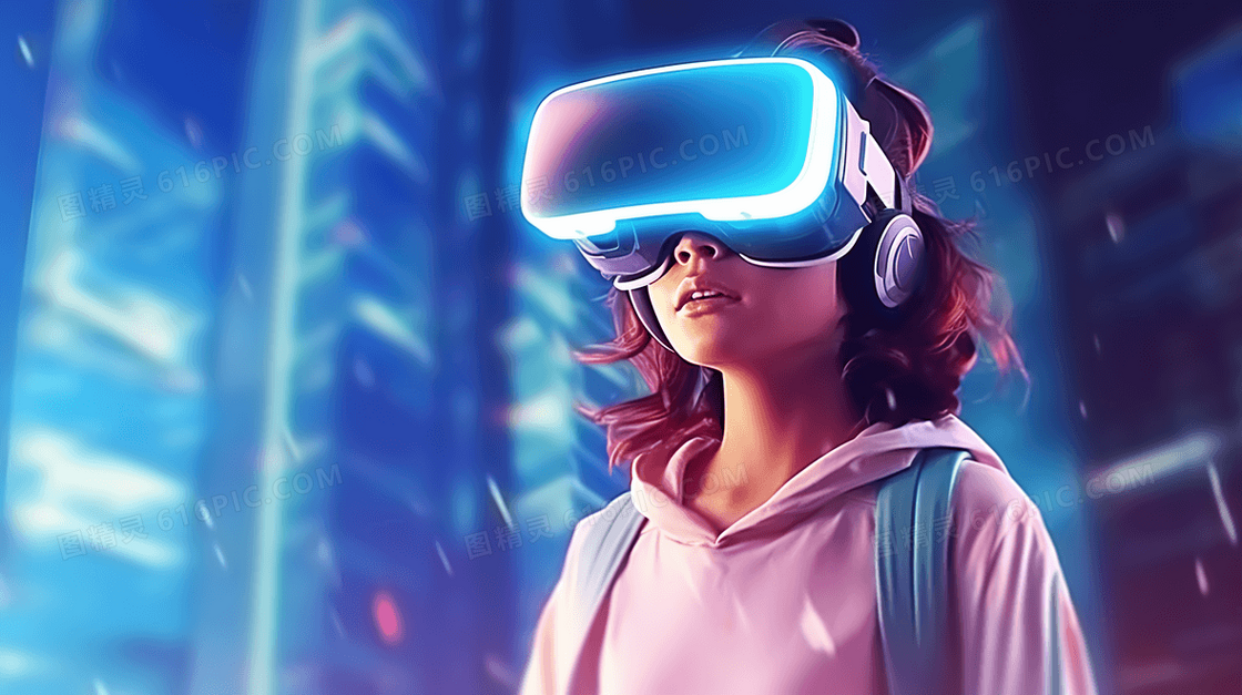 沉浸在VR虚拟世界的女孩未来感插画