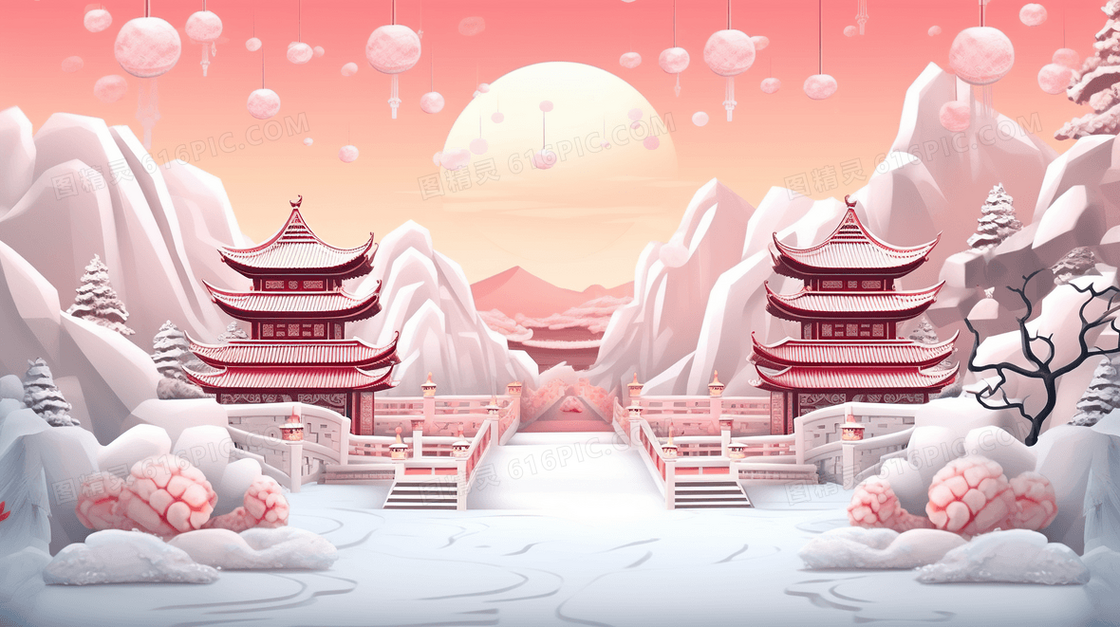 中秋节中国风建筑场景插画