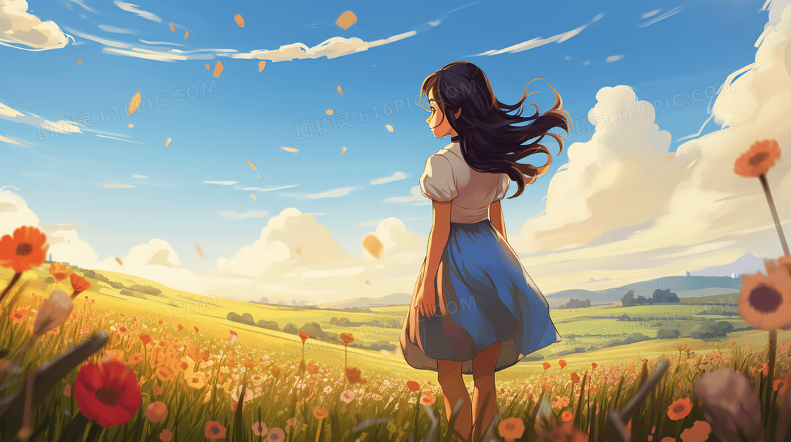 春天绿色草地花丛中的女孩唯美风景插画
