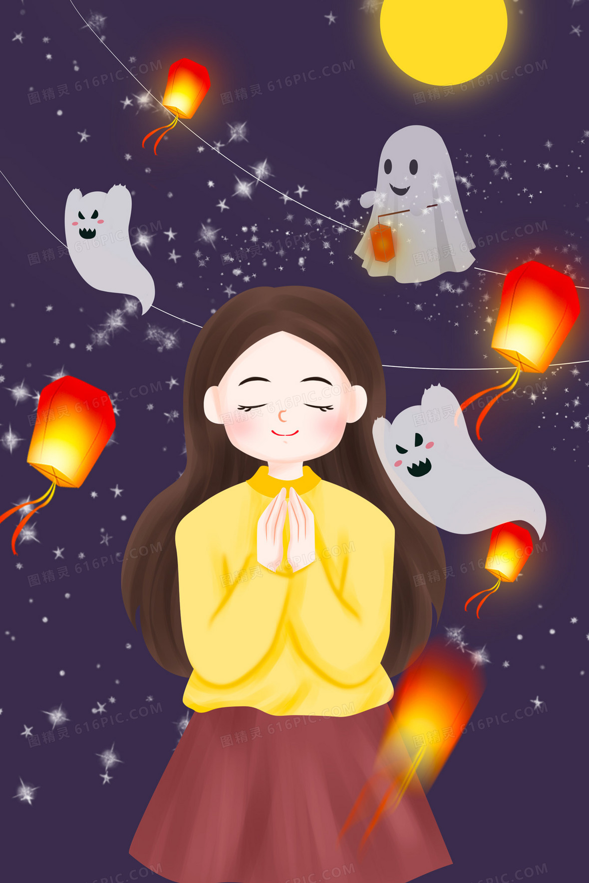 孔明灯女孩灾难祈福人物插画背景图片下载_3000x2000像素jpg格式_编号