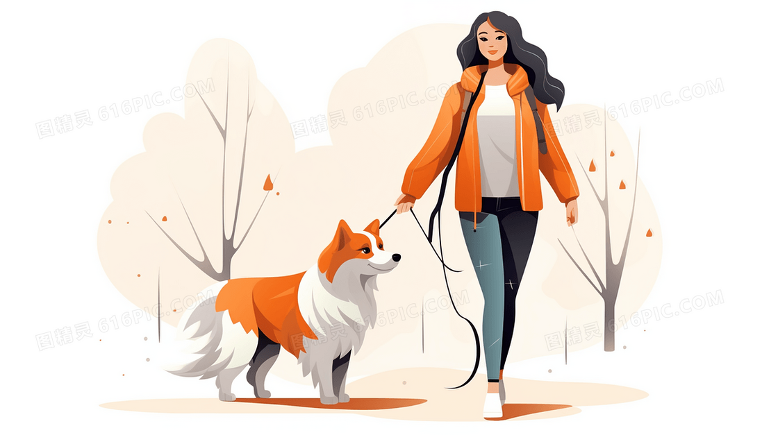 秋天牵着宠物狗狗散步的女孩平面简约插画