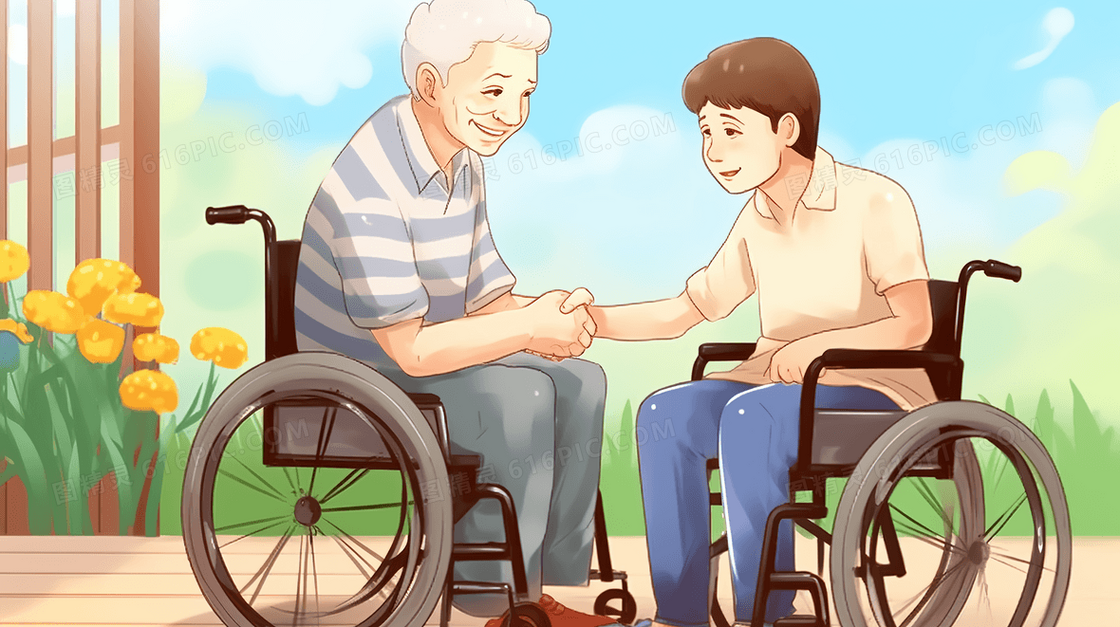 老人陪伴坐轮椅的年轻人温馨插画