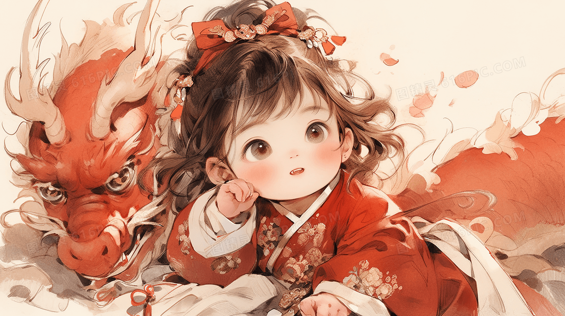 中国风龙和少女儿童水彩插画