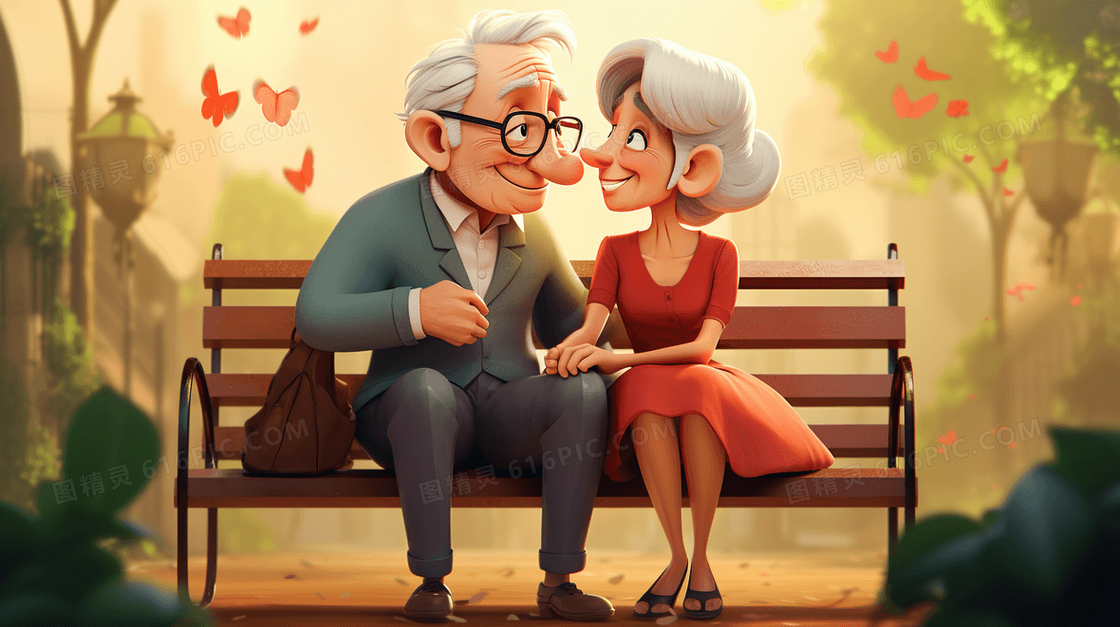 公园长椅上恩爱的白发老人夫妻插画