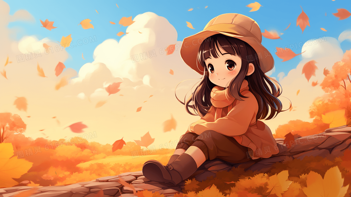 铺满金色落叶草地上的小女孩唯美风景插画