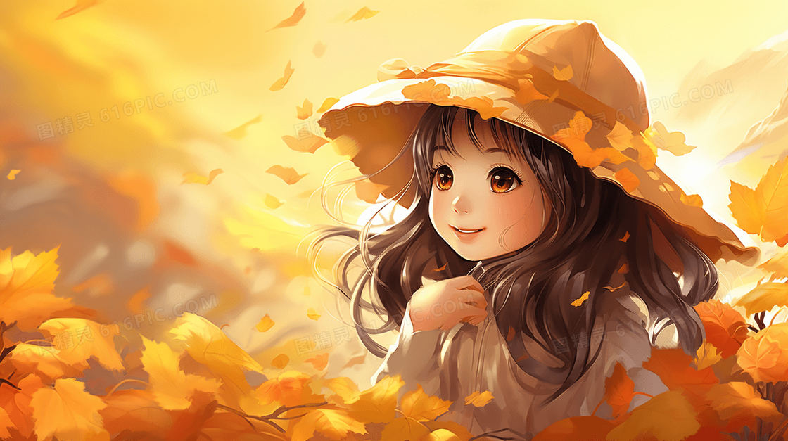 被金黄色落叶包围的可爱小女孩唯美风景插画
