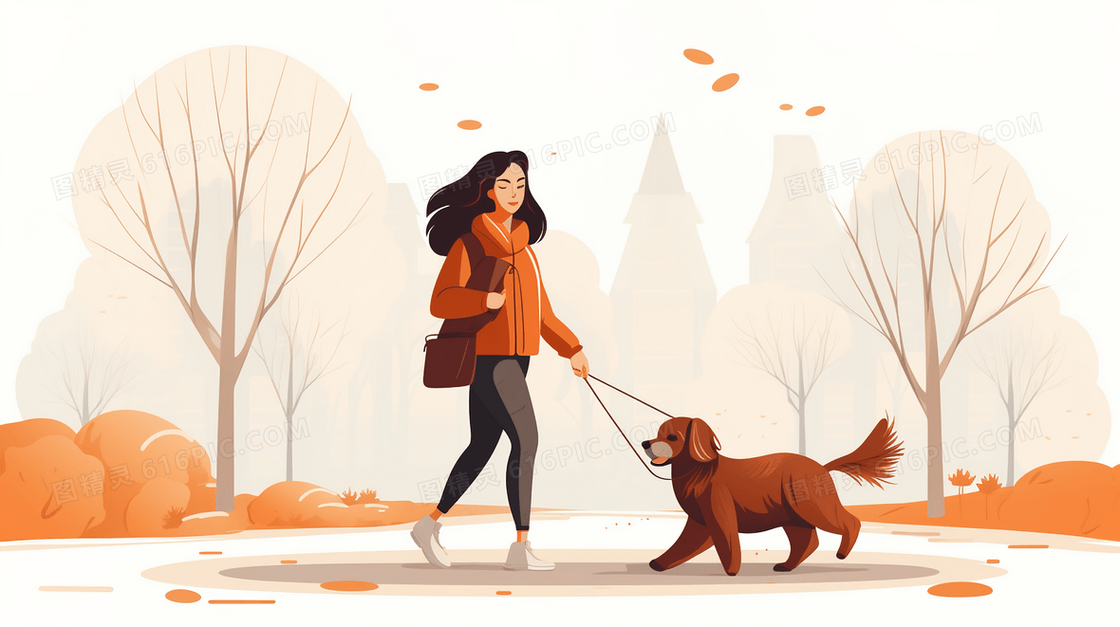 秋天牵着宠物狗狗散步的女孩平面简约插画