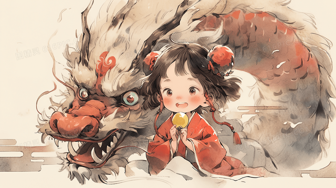 中国风龙和少女儿童水彩插画
