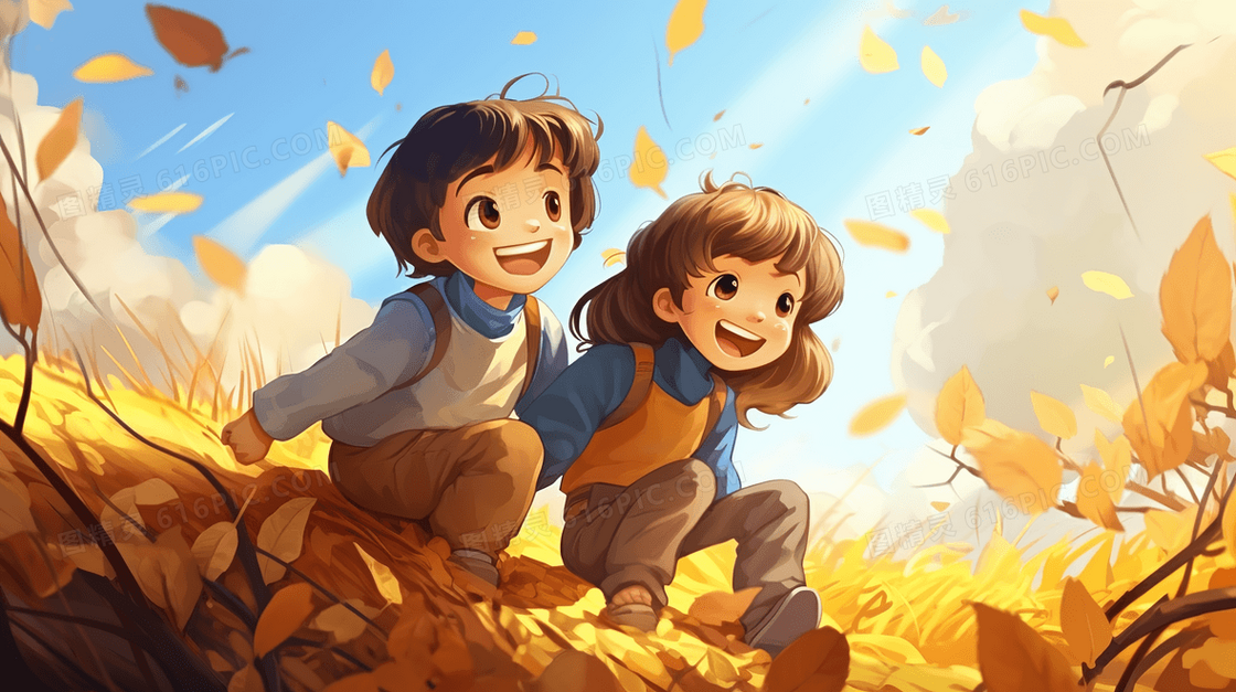 秋天在铺满落叶的草地上玩耍的孩子们插画