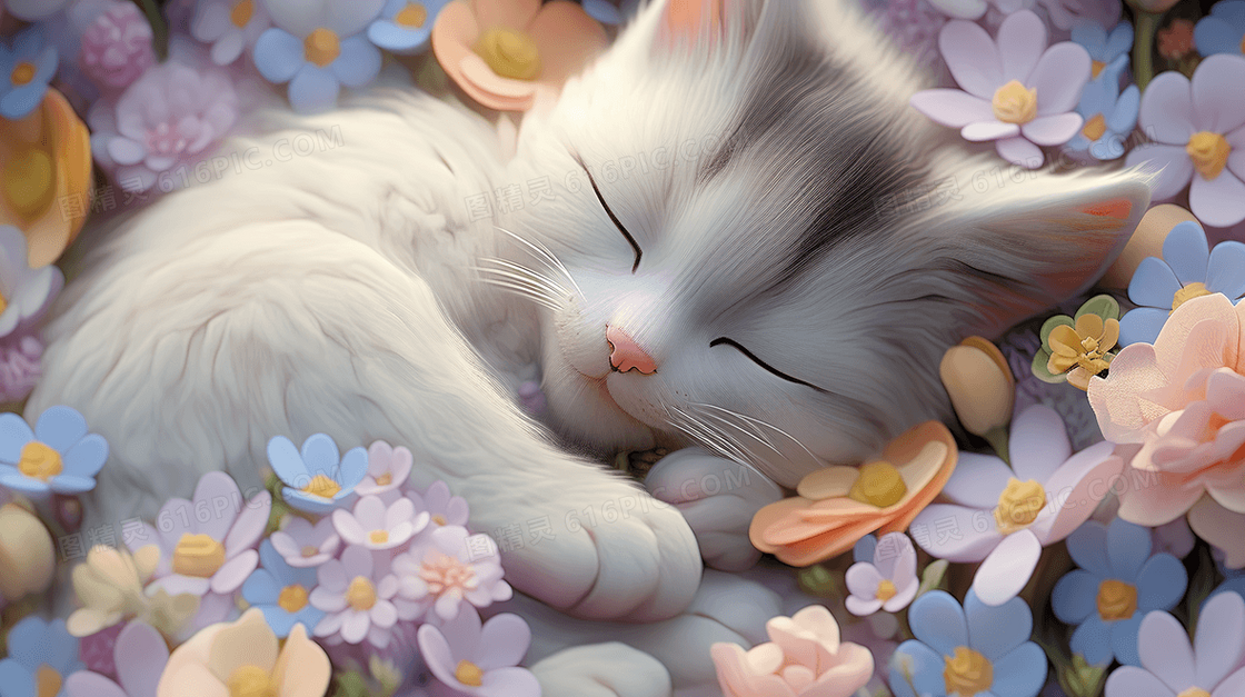在花丛中睡懒觉晒太阳的可爱小猫创意插画