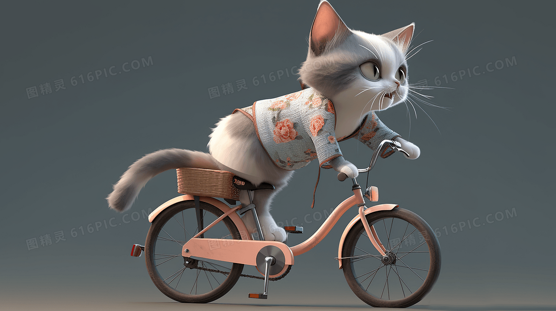 穿着牛仔外套骑自行车的可爱猫咪创意图片
