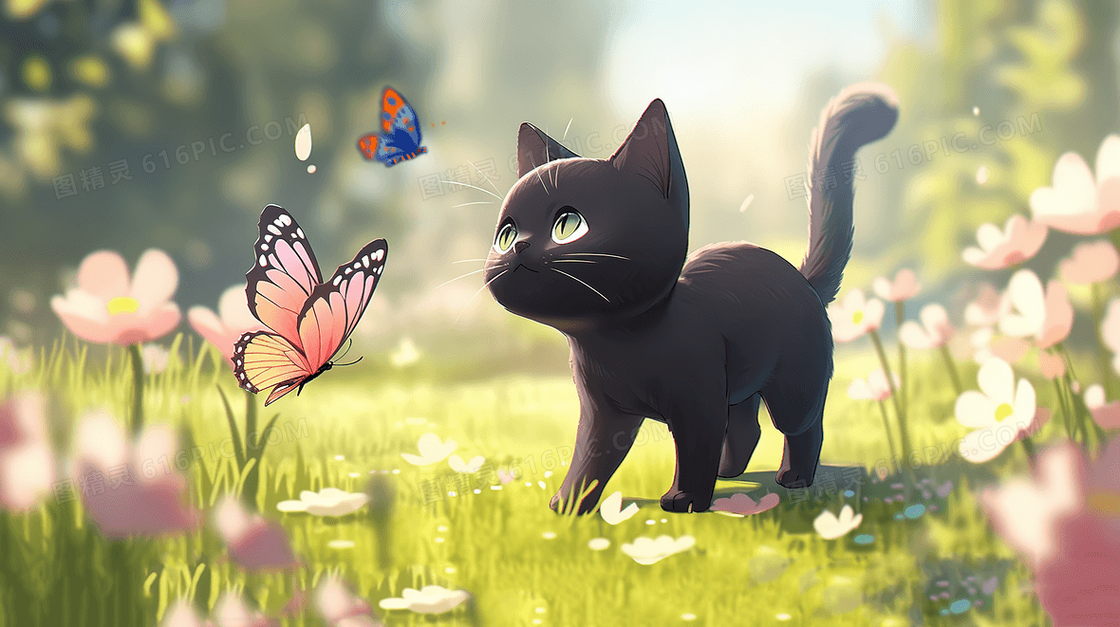 可爱的小猫在花丛中被蝴蝶吸引创意插画