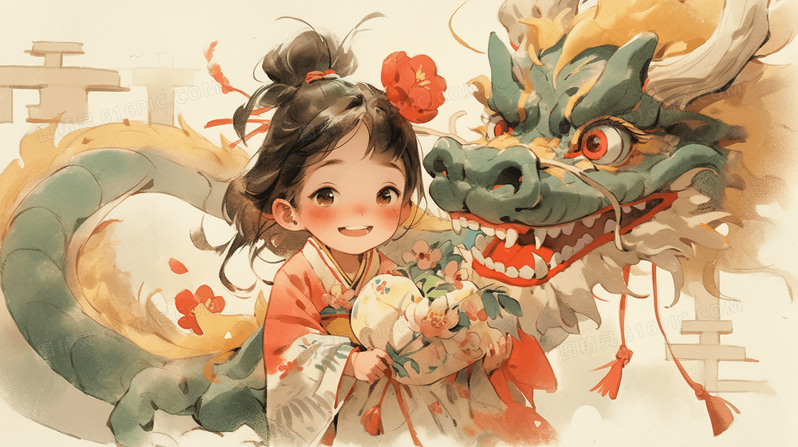 中国风龙和少女儿童水彩插画
